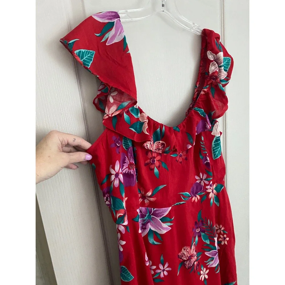 Old Navy Red Floral Flutter Sleeve Smocked Midi Dress XL Tall 412538-01 - Picture 5 of 10